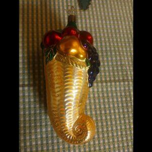 Vintage Germany Blown Glass Sugared Cornucopia Fruit Basket Ornament